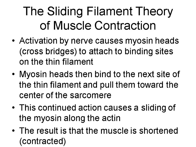 The Sliding Filament Theory  of Muscle Contraction Activation by nerve causes myosin heads